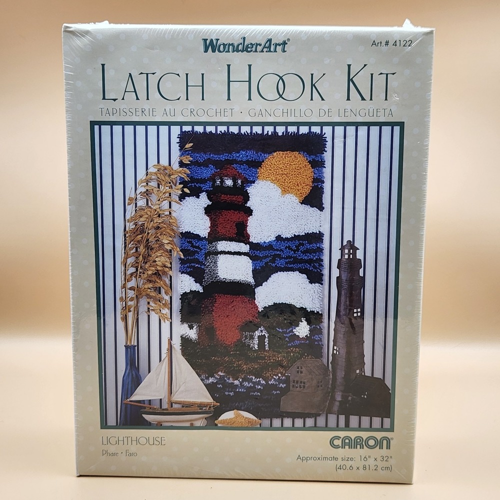 WonderArt Caron Latch Hook Kit #4122 Nautical Lighthouse Coastline Sun 16x32 NEW
